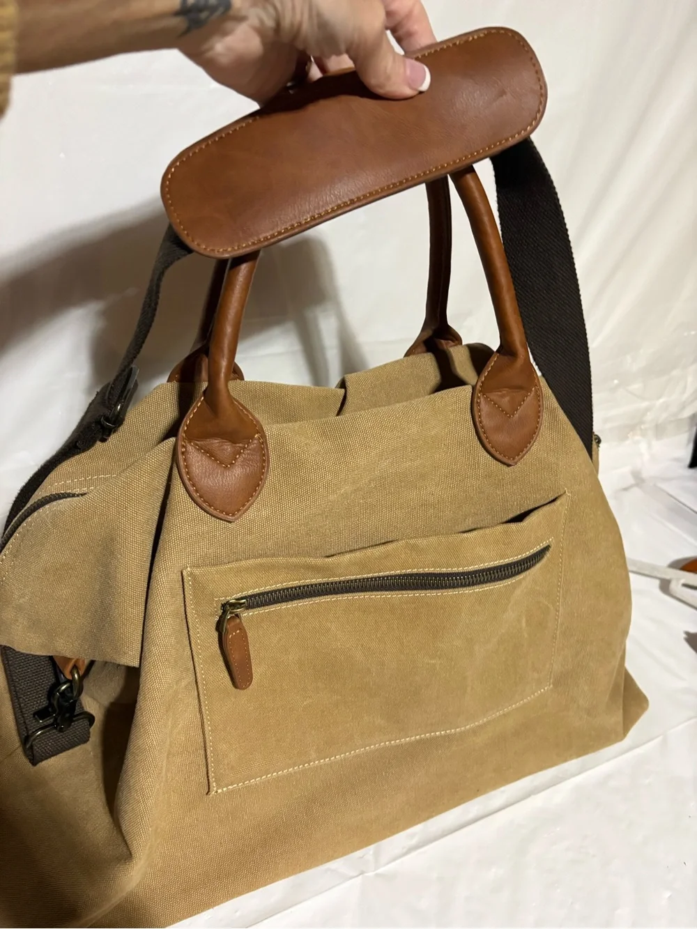 New shows Canvas Duffel Travel Bag in Tan with Brown Trim